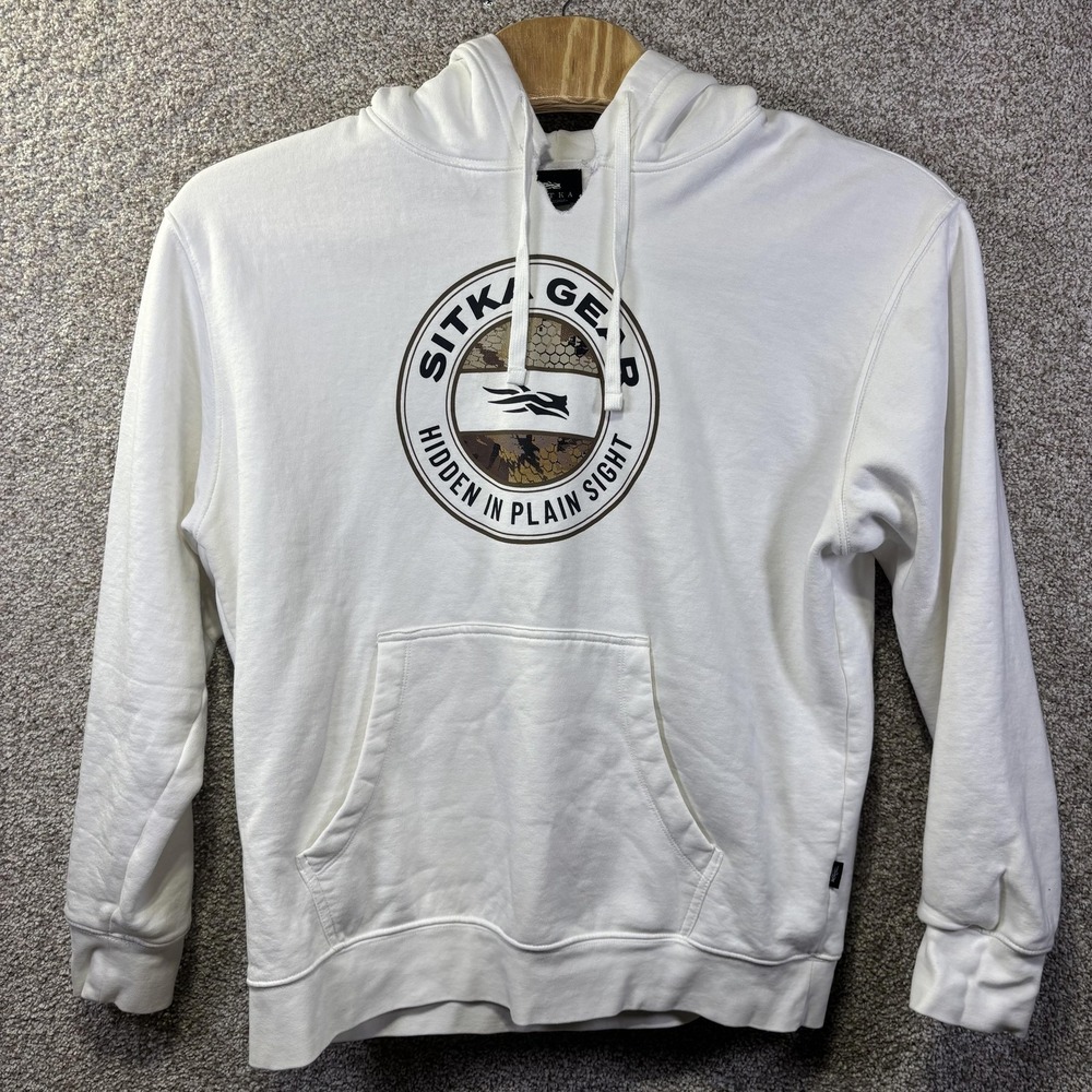 Sitka Hoodie Mens XL White Hidden In Plain Sight Logo Fleece Sweatshirt Hunting